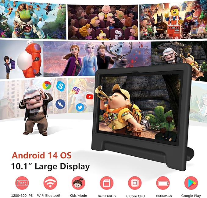 Kids Tablet, 10 inch Android 14 Tablet for Kids, 8GB RAM 64GB ROM Octa-Core Fast-Charging Battery Toddler Tablets with Shockproof Case, Bluetooth, WiFi, Parental Control, Dual Camera, GPS