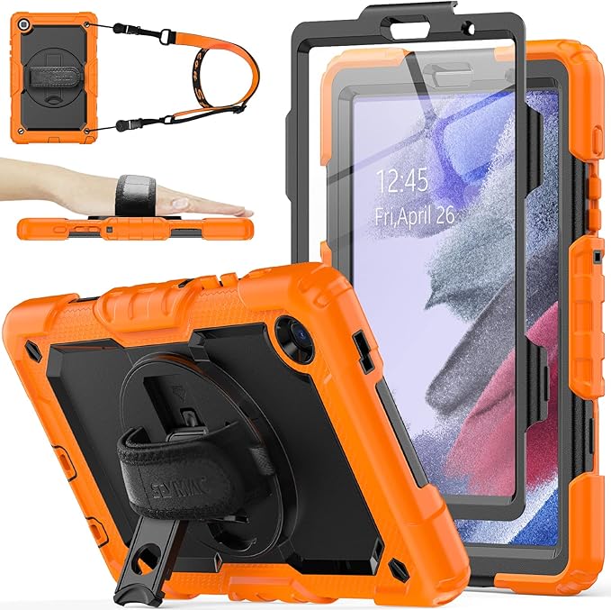 SEYMAC stock Case for Samsung Galaxy Tab A7 Lite 8.7'' with Screen Protector Pencil Holder [360 Rotating Hand Strap] &Stand, Drop-Proof Case for Samsung A7 Lite 2021 SM-T220/T225/T227, Orange/Black