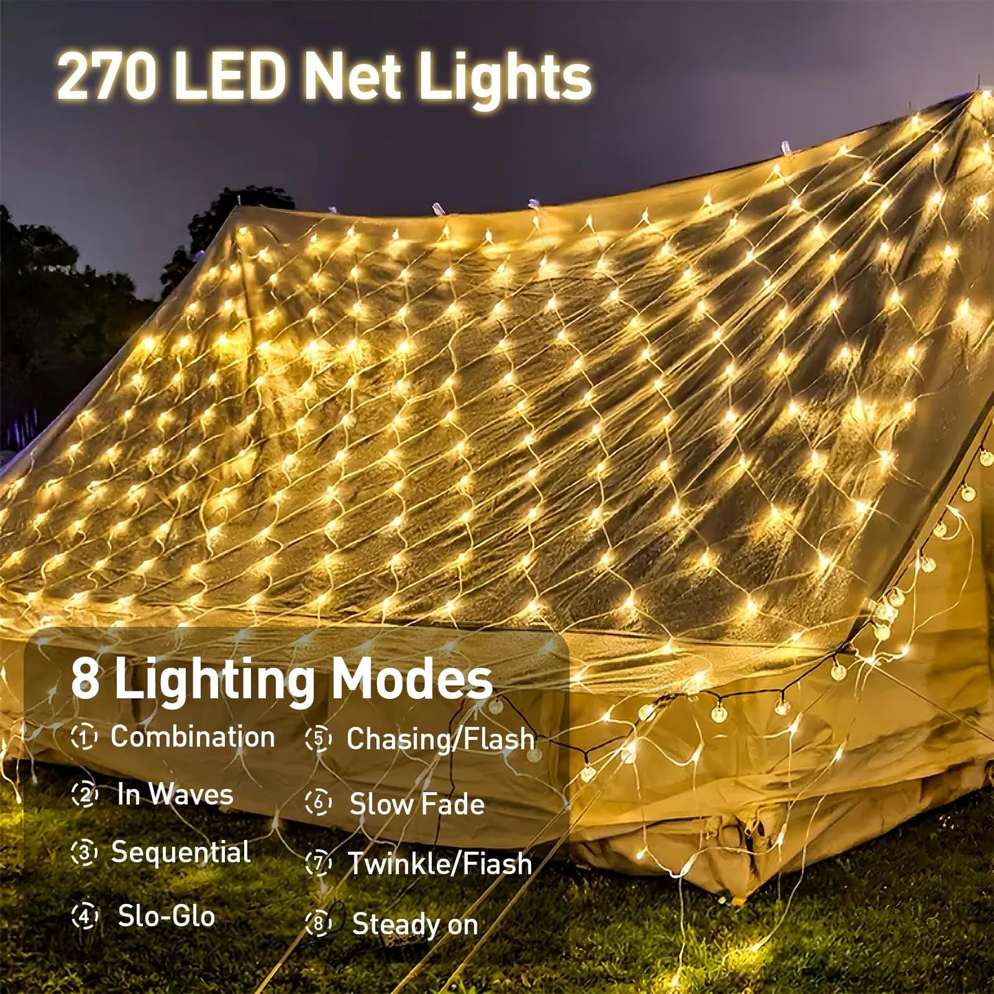 Veeydrut Net Lights Outdoor 10x10 FT, 270 LED Warm White, 8 Modes Connectable Mesh Lights for Trees, Garden, Model Lw-KCL-Net