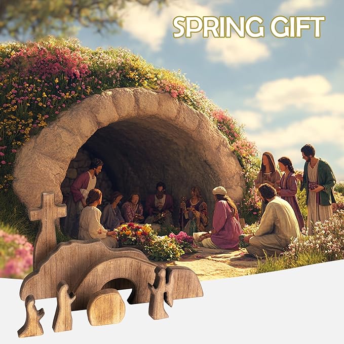 NEROSUN Empty Tomb Easter Scene and Cross Decoration, Wooden Easter Resurrection Scene Cross Jesus Tomb Tray Set, Jesus Nativity Scene Decor for Religious Home Office Tabletop Christian Gifts