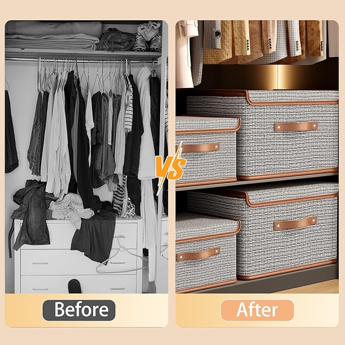 Tuza 4 Pack Storage Bins with Lids, Collapsible Closet Organizer Container, Fabric Organizer Box with Handles, Decorative Storage Boxes with Lids for Organizing Clothes, Books, Light Grey, Large