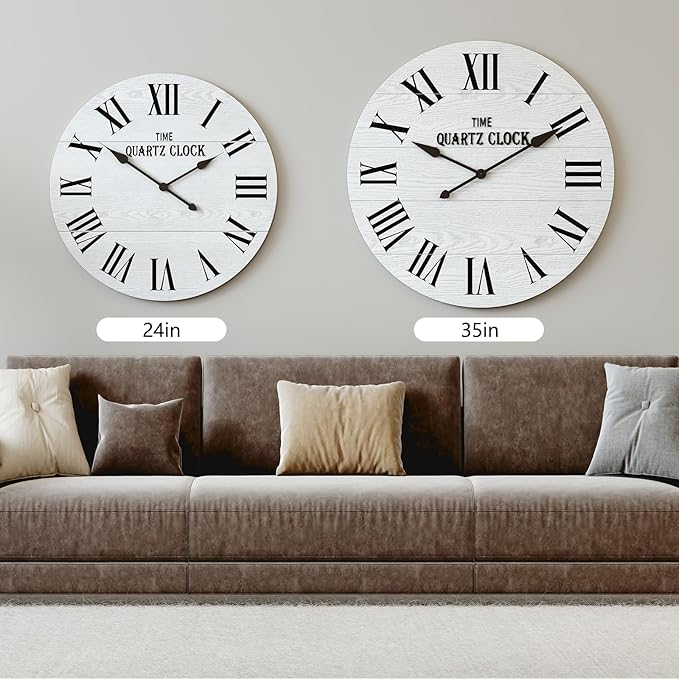 ARTPOWER Large Farmhouse Wall Clock, 24” Shiplap Wall Clock with Roman Numeral, Nearly Non-Ticking, Round Wall Clocks for Living Room Decor, Office, Bedroom, Entrance, White
