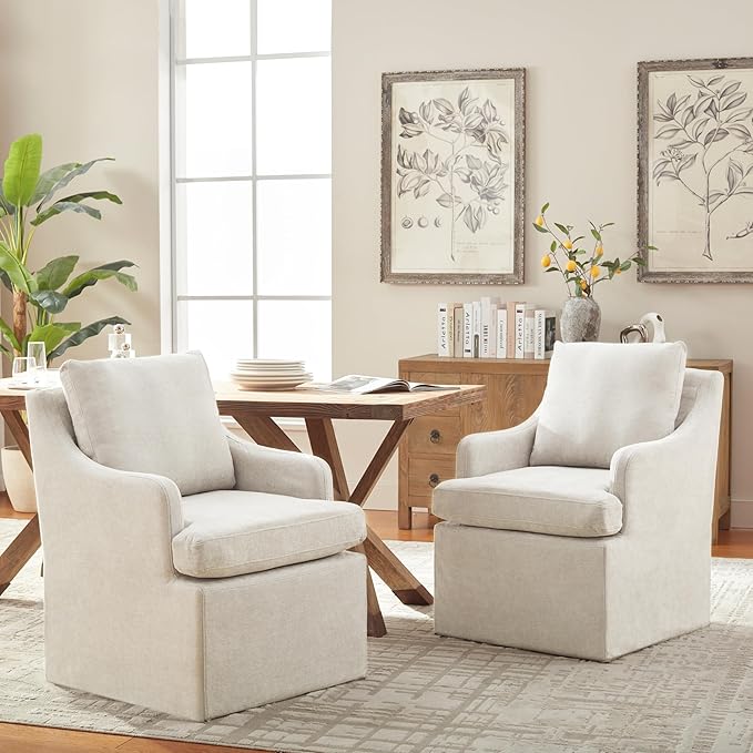 VKNOW Upholstered Dining Chairs, Modern Kitchen Chairs Dinner Chairs with 4 Casters, Linen Armchair for Bedroom Reading Room Living Room, Beige