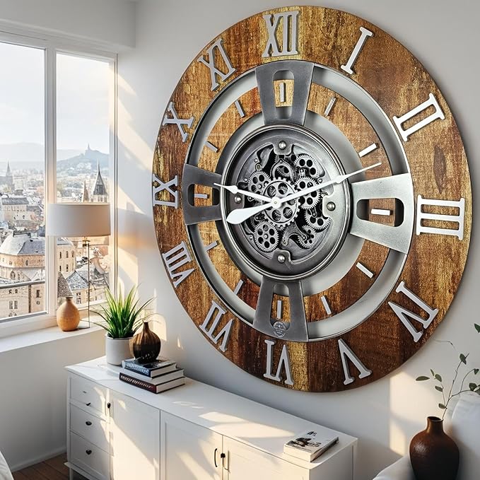 The Gears Clock Real Moving Gear Wall Clock England Line (Vintage Brown, 36 inches (90 cm))