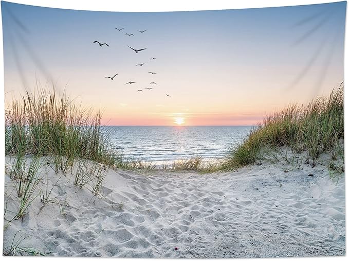 HVEST Ocean Beach Tapestry Wall Hanging, Sunset Seabird and Beach with Grass, Natural Landscape for Bedroom, Living Room, Dorm Decoration, 92.5x70.9 Inches