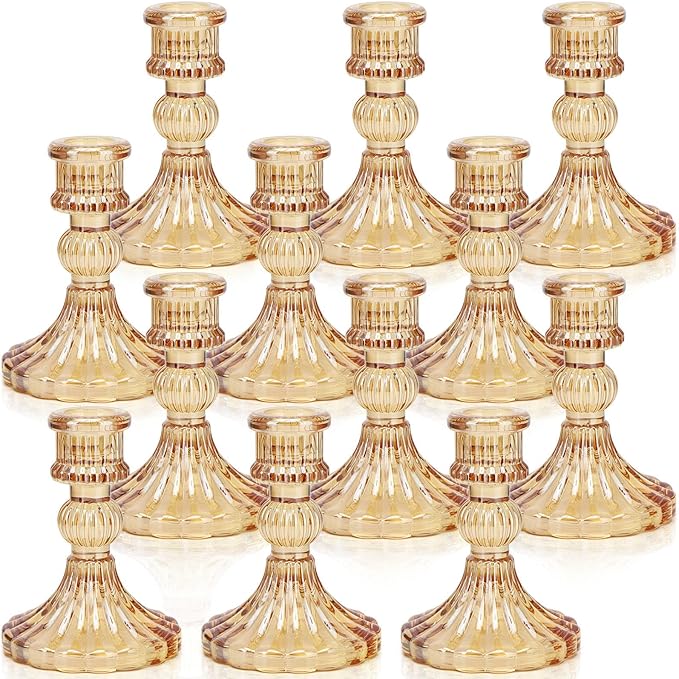 Candlestick Holders Set, 4" H Taper Candle Holders Bulk, 12Pcs Gold Glass Candle Holders for Wedding, Festival, Party & Windowsill Decor