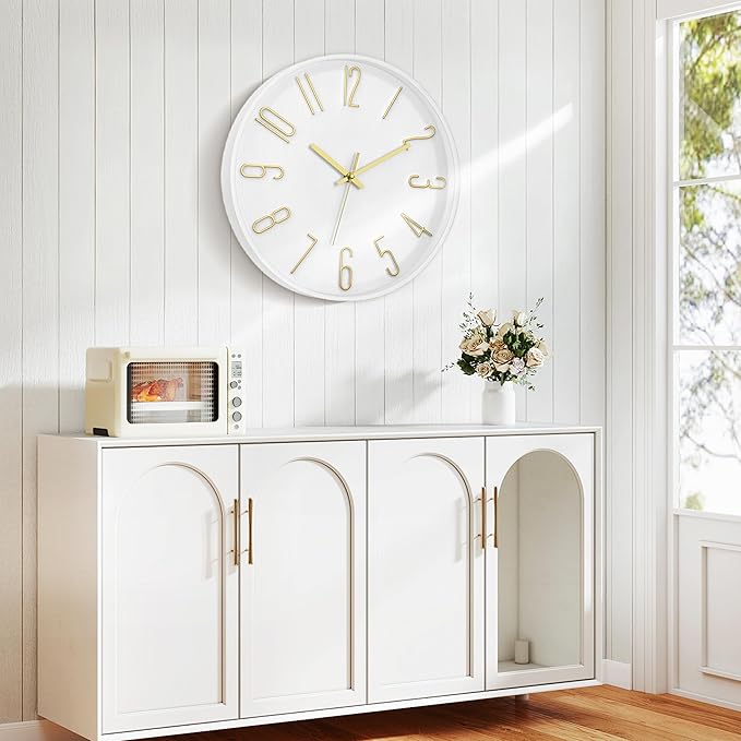 Foxtop Wall Clock 12 Inch Silent Non Ticking Battery Operated Round Wall Clock Modern Simple Style Clocks Decorative for Home Office Bedroom Kitchen School (White)