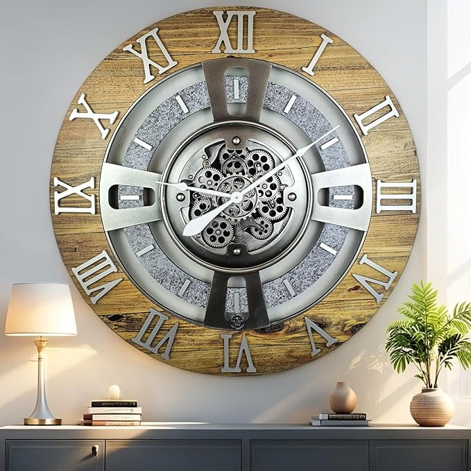 The Gears Clock Real Moving Gear Wall Clock England Line (Wood & Stone, 36 inches (90 cm))