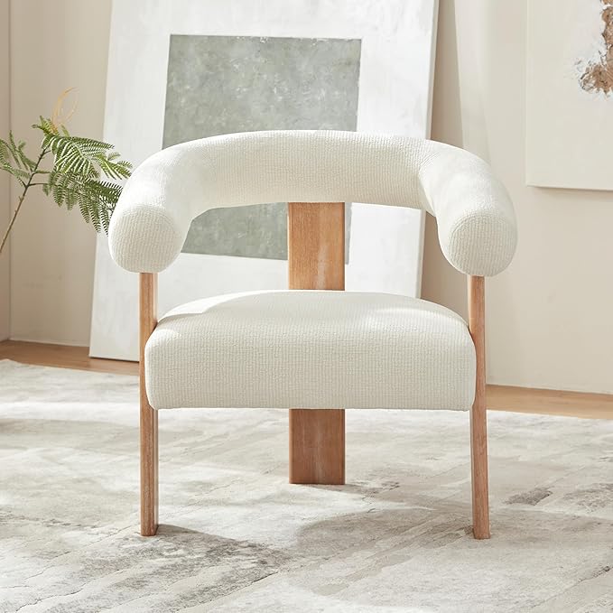 VKNOW Accent Chairs Set of 2, Modern Upholstered Living Room Chair Armchair with Solid Wood Legs, Comfy Barrel Arm Chairs for Living Room Bedroom, Cream
