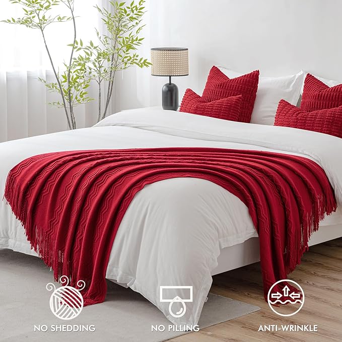 MIULEE Burgundy Red Knitted Throw Blanket for Couch Boho Textured Cozy Woven Blanket with Tassels for Sofa Chair Bed Living Room Acrylic Wave Pattern 50"x60"