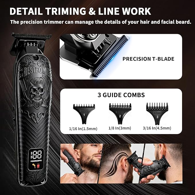 BESTBOMG Professional Cordless Mens Hair Clippers & Beard Trimmer Kits & Sets,Metal Hair Clippers Cutting Grooming Kit with Long Battery Life for Family Barber Use (Black)