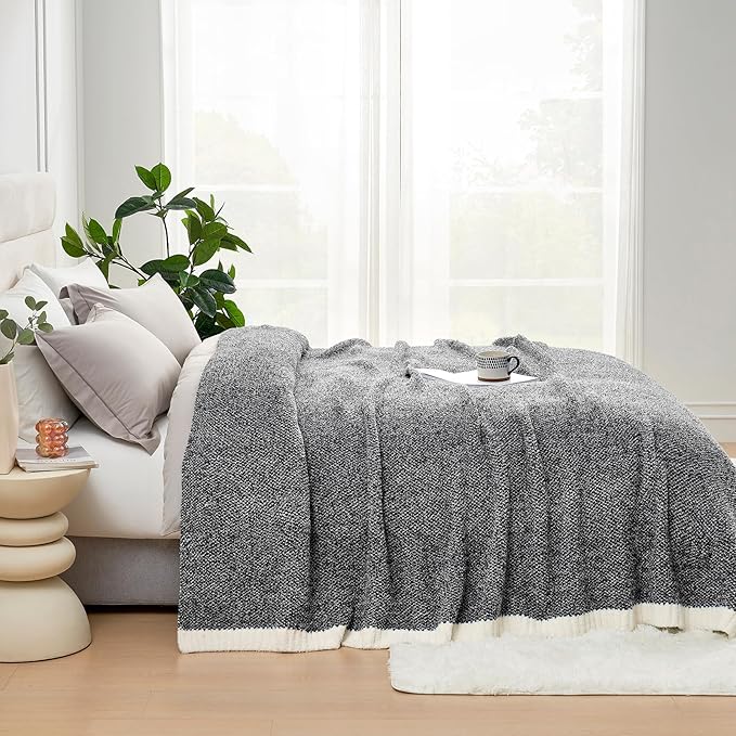 Snuggle Sac Heather Black Bedding Blankets Twin Size, Reversible Super Soft Large Cozy Blankets for Bed, Warm Cozy Knit Fuzzy Blankets for Sofa, Living Room, Heather Black, 60x80 inches