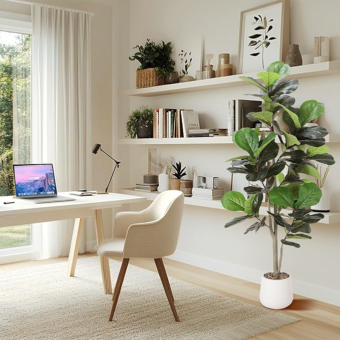 Artificial Fiddle Leaf Tree, 5ft Faux Plant Fake Ficus Lyrata Silk Trees with White Planter, Artificial Fig Trees Floor Plants for House Office Living Room Indoor Home Decor, Housewarming Gift
