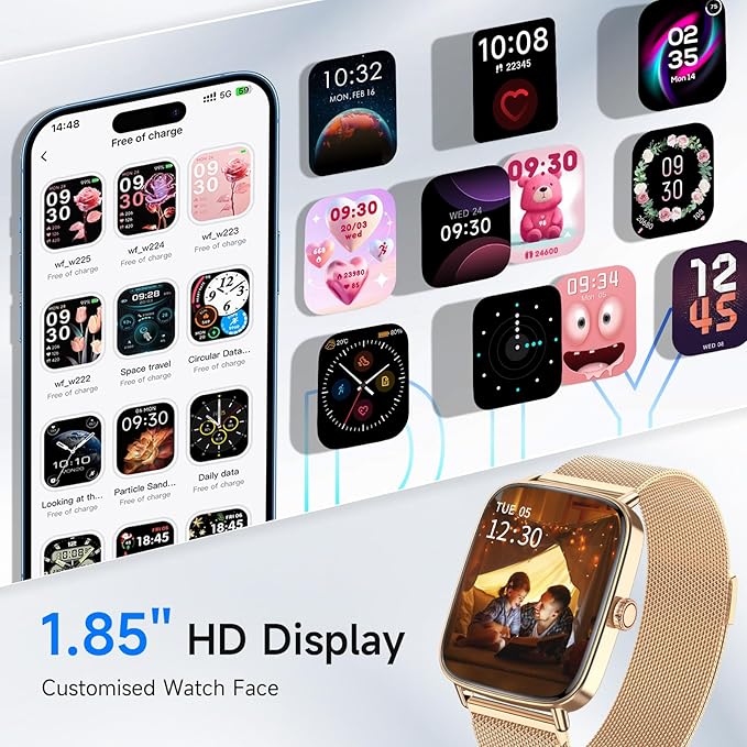 Smart Watch for Men Women, 1.85" HD Smartwatch Compatible iPhone/Samsung/Android (Answer/Make Calls), 100+ Sport Modes Fitness Tracker with Heart Rate/Sleep/SpO2 Monitor, IP68 Waterproof, Metal Band
