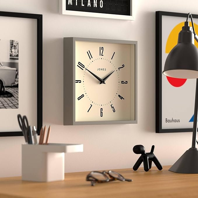 JONES CLOCKS® Box Wall Clock | Retro Square | 10 inch | Gray | Easy to Read Numbers | Perfect Kitchen or Office Clock