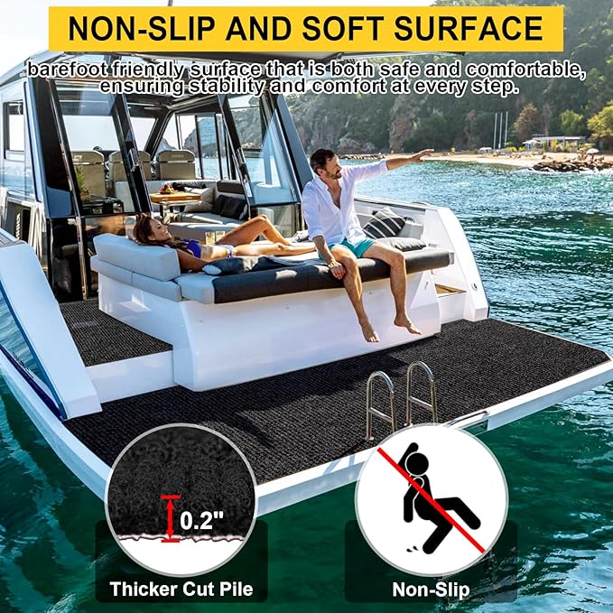 Marine Carpet - 6 FT x 18 FT Black Indoor/Outdoor Carpet, 0.2" Thick, Water-Proof TPE Backing, Non-Slide for Home, Patio, Porch, Deck