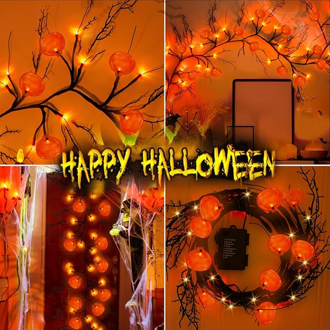 [ 8 Modes & Timer ] Halloween Willow Vine Twig Decor Garland with Pumpkins, 6 FT 54 LED Battery Operated for Indoor Halloween Decorations Home Mantle Fireplace