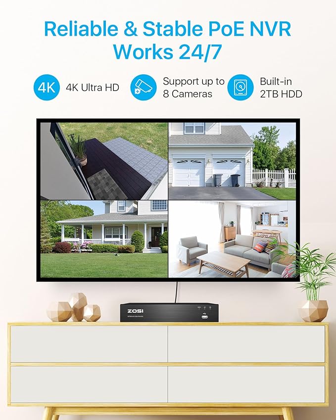 ZOSI 8CH 4K PoE Security Camera System,4pcs 8MP Outdoor Indoor PoE Cameras,Color Night Vision,Human Detection,Spotlight Siren,One-Way Audio,4K 8Channel CCTV NVR with 2TB HDD for Home 24/7 Recording