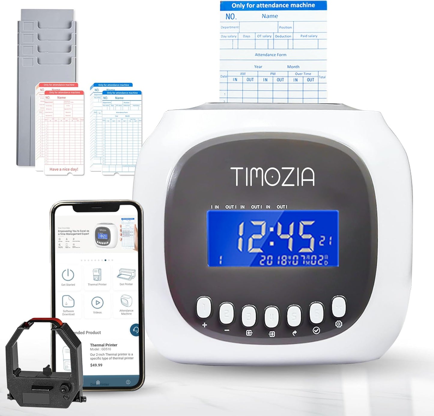 Time Clocks for Employees Small Business, Auto-Align Time Clock, 6 Punches per Day Time Machine, Clock in Machine for Employees with Time Cards, 2 Ink Ribbons and 4 Racks (White-App)