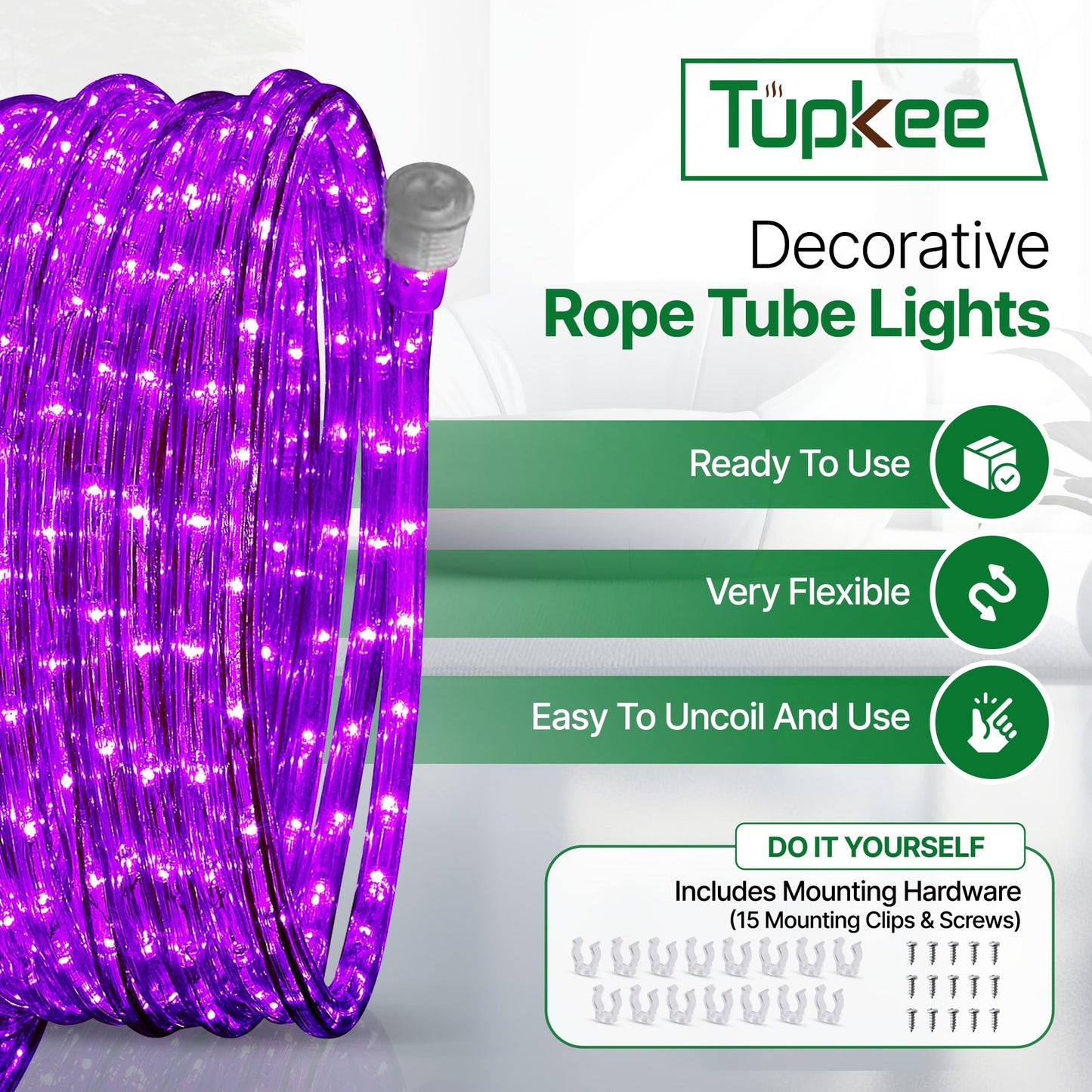 Tupkee LED Rope Light, 24 Feet, 144 Long Life Bulbs, Purple, Indoor/Outdoor, Model E237798