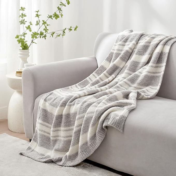 Snuggle Sac Twin Size Bedding Blankets Luxurious Microfiber, Reversible Super Soft Warm Cozy Blankets Fuzzy Plush Blanket for Bed,Couch,Sofa,Living Room, Grey Stripe,60x80 inches