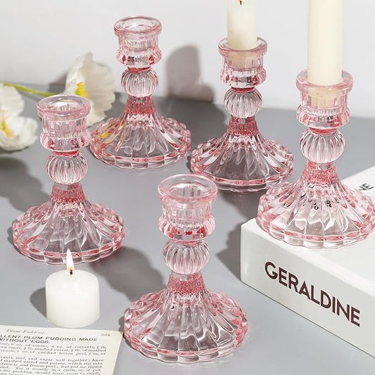 12PCS Pink Candlestick Holders Set- 4" H Taper Candle Holders, Glass Candle Holders Bulk for Wedding, Party, Home Table Centerpieces, Festival Gifts & Windowsill Decor
