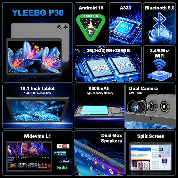 10 Inch Android 15 Tablet with Keyboard, 26GB RAM+256GB ROM(2TB Expand), 2-in-1 Tablet with 8000mAh Battery, 2.4G/5G WiFi, Widevine L1, Dual Camera, Split Screen, Mouse, Stylus, Case(Green Case)