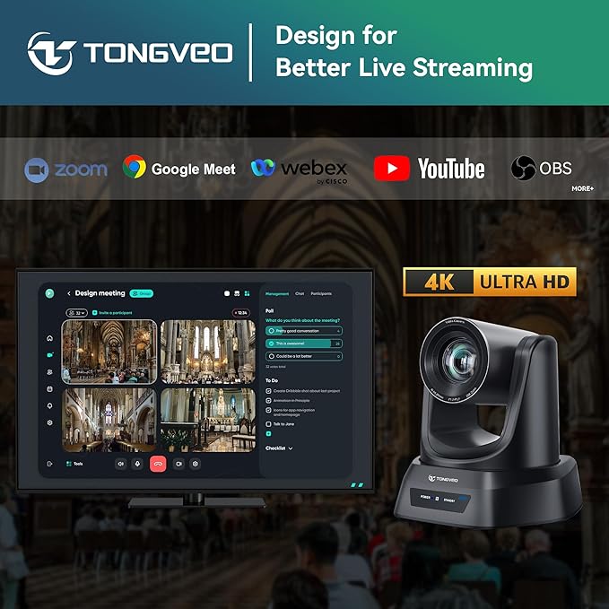 TONGVEO 4K AI PTZ Camera with Auto Tracking and 20X Optical Zoom, Conference Room Webcam with HDMI/USB3.0/LAN/PoE, Ideal for Church Worship, Zoom Meetings, Live Streaming and Education