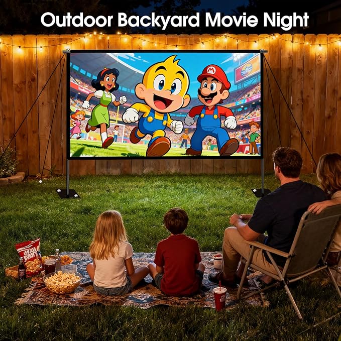 Projector Screen with Stand, 120 Inch Indoor Outdoor Portable Projection kit All-Metal Frame Wrinkle-Free 16:9 4K HD Front/Rear Movie Screen with Carry Bag for Home Theater Backyard Movie Night