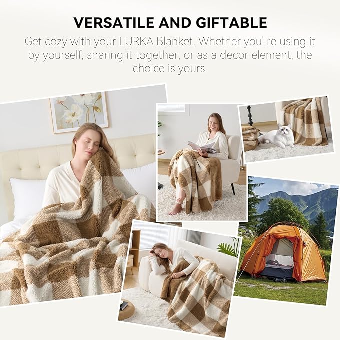 LURKA Checkered Sherpa Fleece Throw Blanket - Extra Thick and Warm Winter Soft Fuzzy Plush Blanket for Couches, Beds & Pets, Brown, 50x60 Inches