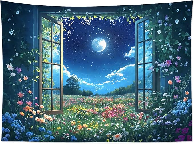 LB Wildflower Moon Tapestry, Green Plant Outside Window and Colorful Floral Wall Tapestry for Bedroom, Garden Wall Art for Living Room Dorm Home Decor Ready to Hanging, 80 x 60 Inches