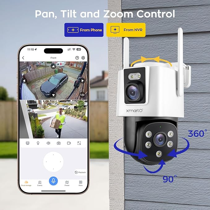 xmartO [2-in-1 CAMs 8-View WiFi 6 Mesh PTZ Security Camera System Outdoor Wireless, 4X Dual-Lens CAM, 16CH 4K Long Range WiFi6 Surveillance NVR Kit, 4MP PTZ Home CCTV Set w. 500GB HDD, No Monthly Fee