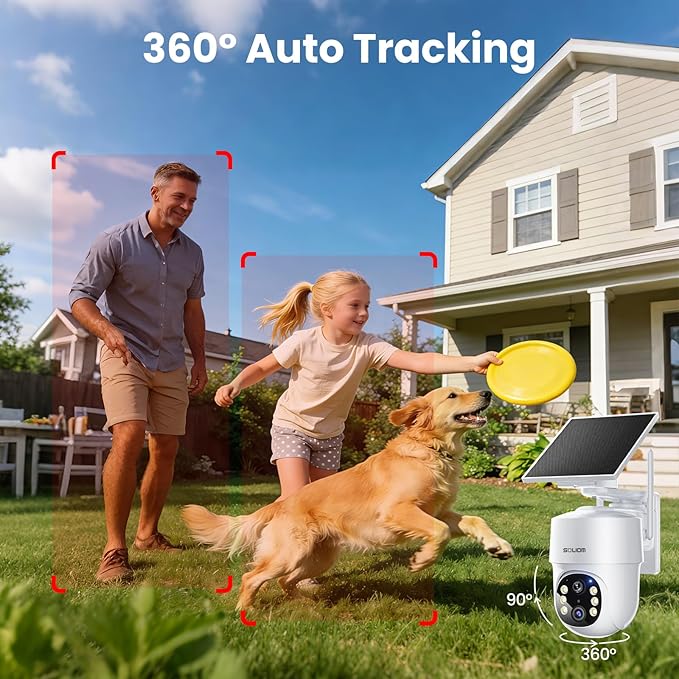 SOLIOM- 5MP Security Cameras Wireless Outdoor, No Subscription,2-Cam Pack, Solar Powered Home Security Camera with 360° Auto Tracking, Pan & Tilt, 3K Color Night Vision,5G & 2.4G Router Compatible