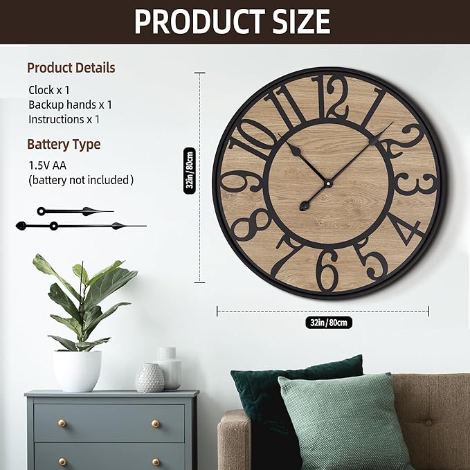 Maxstar Large Wall Clock for Living Room,Metal & Wood Silent Rustic Farmhouse with Arabic Numeral, Battery Operated Wall Clocks Decorative for Bedroom Office Home Decor 32inch Black