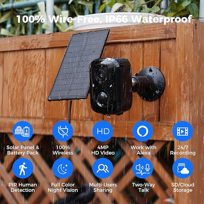 Hiseeu Security Cameras Wireless Outdoor, 2pcs Solar Powered 3K 4MP Surveillance WiFi Cameras for Home Security Outside, PIR/AI Motion Detection, Waterproof, Color Night Vision, 2-Way Audio, Black