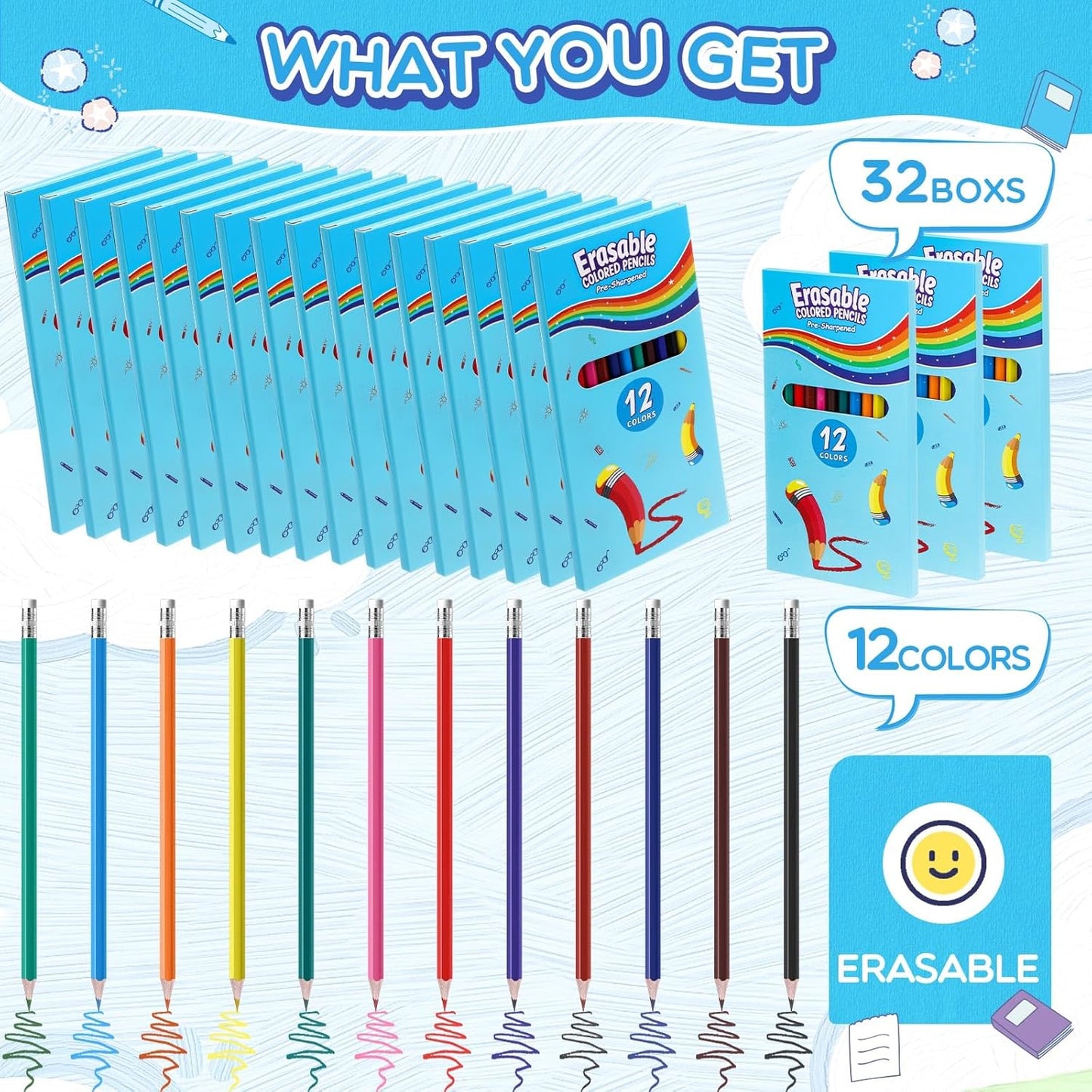 32 Sets 384 Pack Erasable Colored Pencils 12 Colors Pencils Smooth Colors with Erasers for Drawing Sketching Coloring Books Kids Adults Beginners Artists School Coloring Supplies