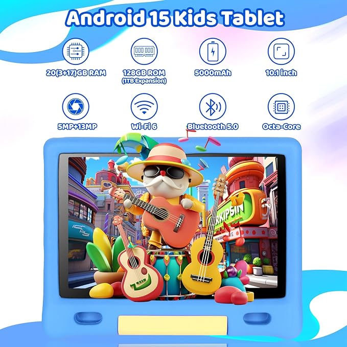 Gleeso Kids Tablet, Android 15 Tablet for Kids 10 inch Octa-Core with Case, 128GB 1TB TF Card Expandable for Toddler Children, Parental Control, Dual Camera, WiFi,Gift（Blue）