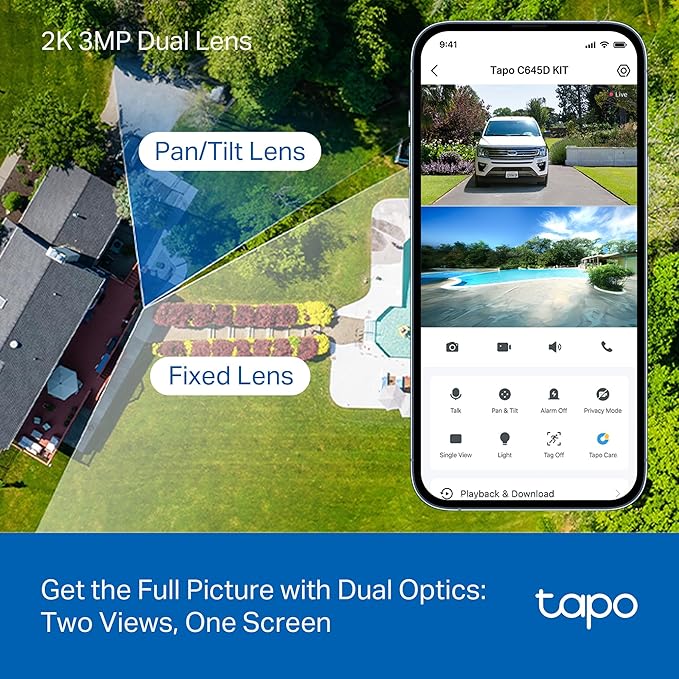 Tapo 2K Dual Lens Pan/Tilt Security Battery Camera Wiress w/Solar Panel, 165° Wide-Angle + 6mm Telephoto, Free Person/Vehicle Detection, 360° Pan, SD/Cloud Storage, Works w/Alexa & Google, C645D KIT