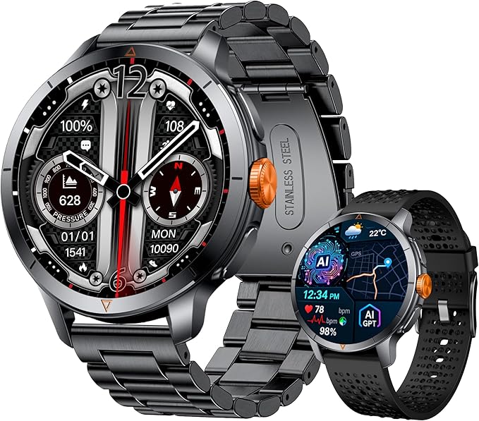 Smart Watch for Men (Answer/Make Call), Built-in GPS, Compass, 1.60" AMOLED, 5ATM Waterproof, Heart Rate SpO2 Sleep Monitor, iPhone Android - Black