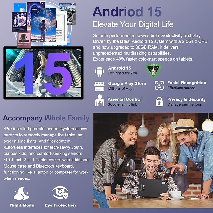 2025 Android 15 Tablet with Keyboard | Gemini AI, 30GB+128GB Octa-Core Electronics Tablets w/ 10 Inch IPS HD Display, 8000mAh, 5G WiFi, 1TB Expand, Mouse+Case, BT 5.0, Widevine L1, Metal Body -Black