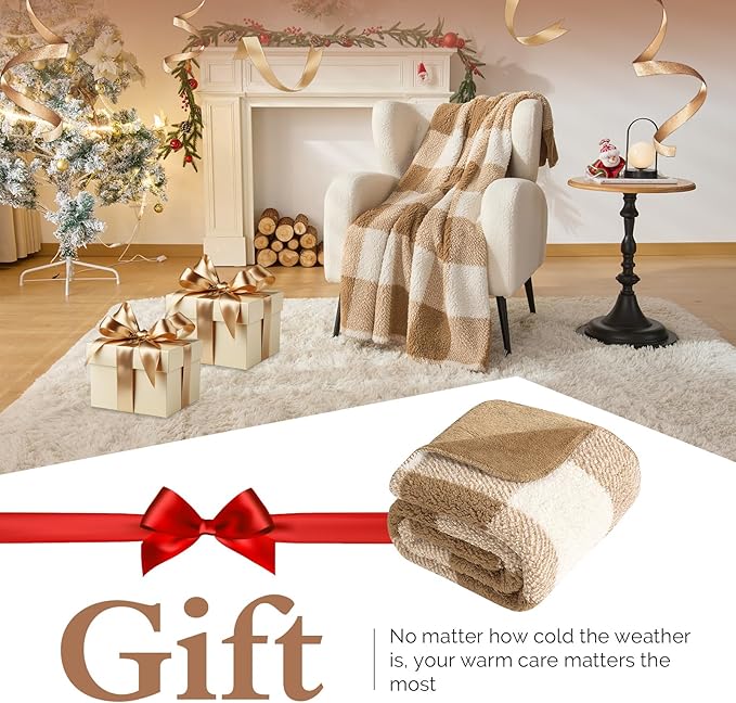 LURKA Checkered Sherpa Fleece Throw Blanket - Extra Thick and Warm Winter Soft Fuzzy Plush Blanket for Couches, Beds & Pets, Brown, 50x60 Inches