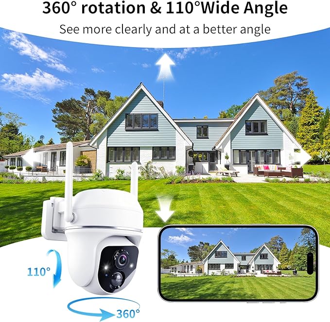 Solar Security Wireless Camera 3MP 360° View Solar Battery Powered WiFi Camera AI Motion Detection/2-Way Talk/Spotlight/Siren/IP65/Cloud/Up to 512G SD Storage( About 180 Days Storage SD Card Included)