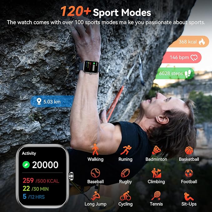 Smart Watch with Alexa Built-in, 1.83" HD Touchscreen Fitness Tracker, Bluetooth Notifications/Calls, IP68 Waterproof, 120+ Sport Modes, 24/7 Heart Rate & Sleep Monitor for iPhone Android iOS (Blue)