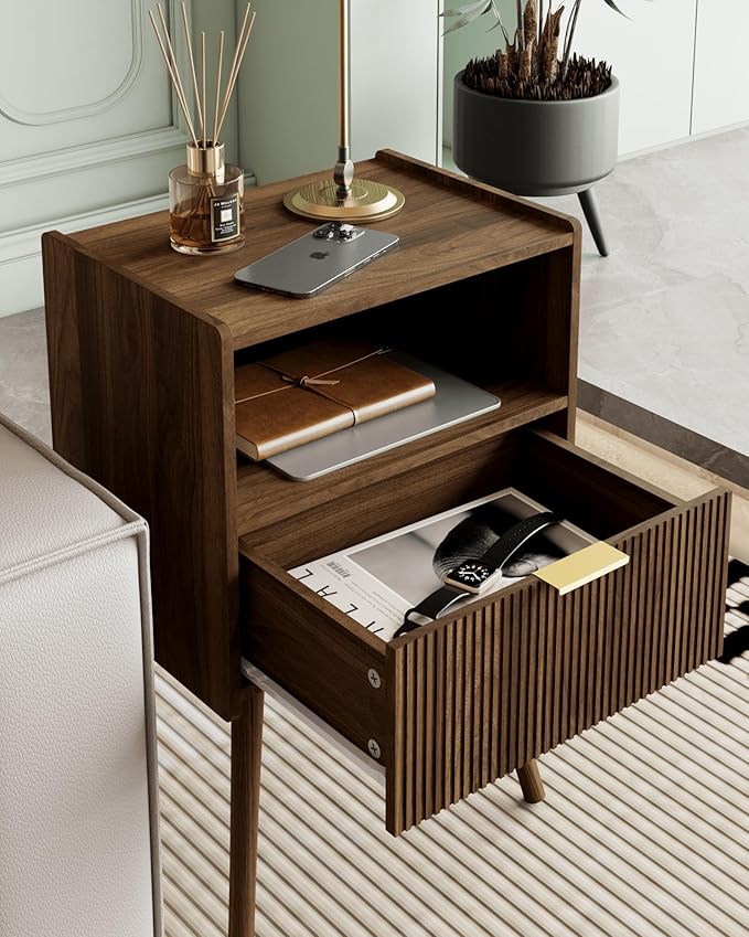 Nightstand,Modern Bedside Table with Storage Drawer and Open Wood Shelf, Accent Night Stand with Solid Wood Legs for Living Room, Bedroom and Small Spaces,Easy Assembly (Walnut Brown)