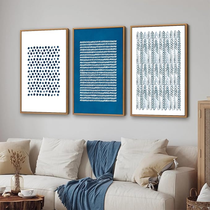 Tinonedraw Navy Blue and White Framed Canvas Wall Art Set, Minimalist Geometric Wall Decor, Neutral Abstract Artwork, Cozy Contemporary Art Prints for Bedroom Living Room Office Above Bed 24"x36"x3