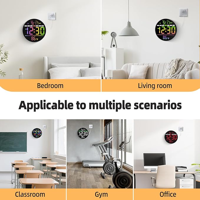 Digital Wall Clock, 8'' Round Digital Clock with Large Display, 11RGB Colors,Remote Control, Auto-Brightness,Temperature,DST,Night Light, Alarm, Count Down Timer for Classroom/Bedroom/Office