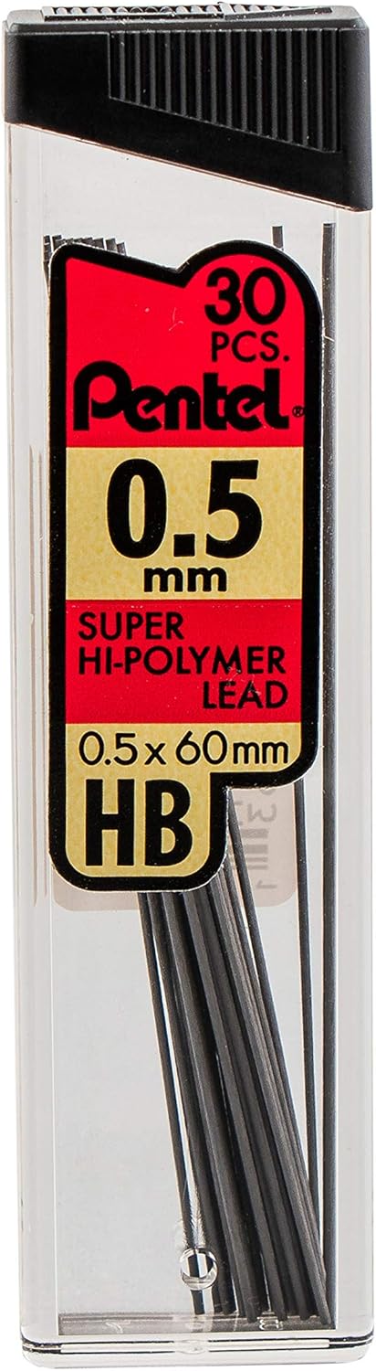 Pentel Super Hi-Polymer Refills, 0.5 mm Fine, HB, 180 Pieces of Lead (C25BPHB6)