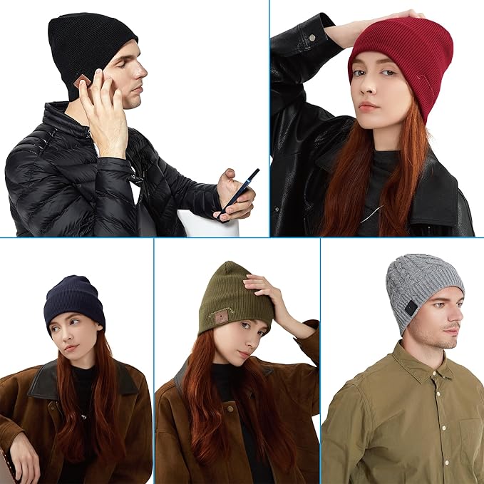 Merino Wool Bluetooth Beanie, HD Stereo,30 Hours Play Time,Built-in Microphone, Men's/Women's Christmas Electronic Gift (Black)