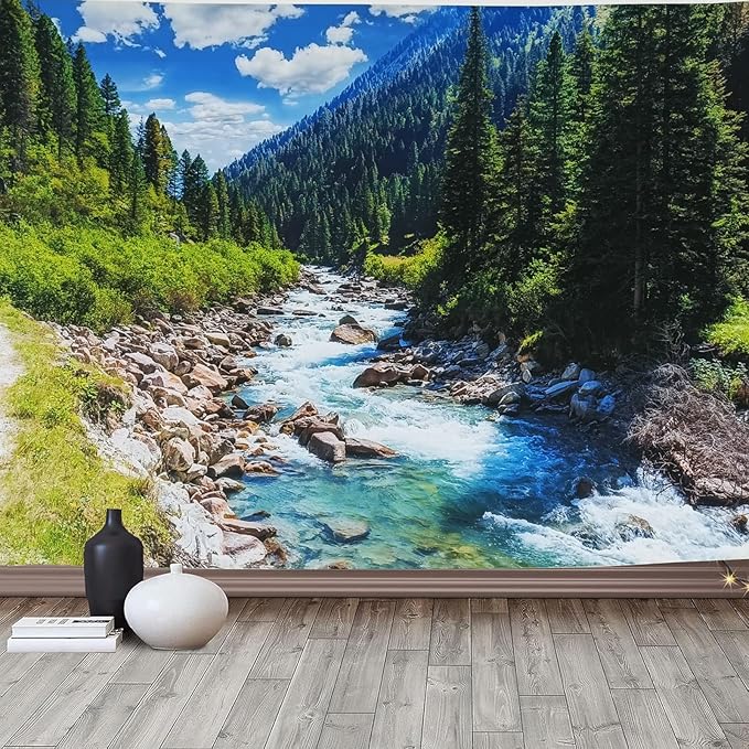 Nature Forest Mountain Tapestry Green Pine Tree Stream Tapestry White Clouds Flowing River Valley Landscape Scenery Tapestries Wall Hanging for Bedroom Dorm Living Room Office Classroom 47 x 35 Inch