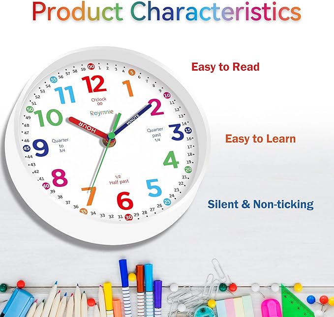 Roymnie12 Inch Wall Clock for Kids Learning to Tell Time Easily Analog Non Ticking Battery Operated Teaching Clock Silent Teaching Time Clock Decorative for Kids Room Classroom School (White Grain)